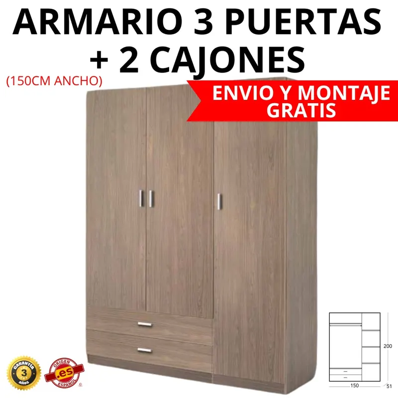 Armario 3 puertas + 2 cajones