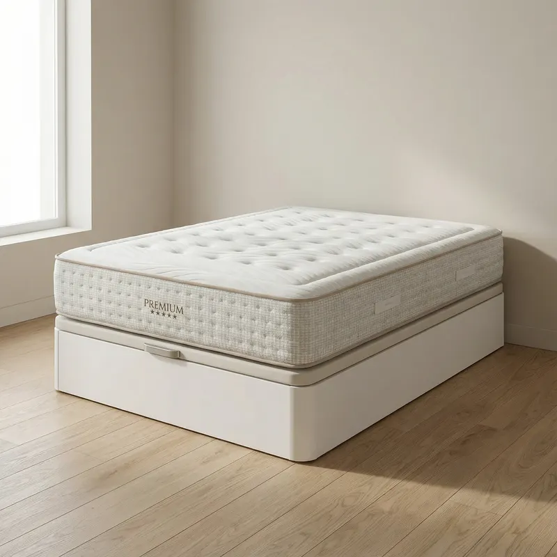 Dormitorio luminoso con canapé abatible blanco y colchón